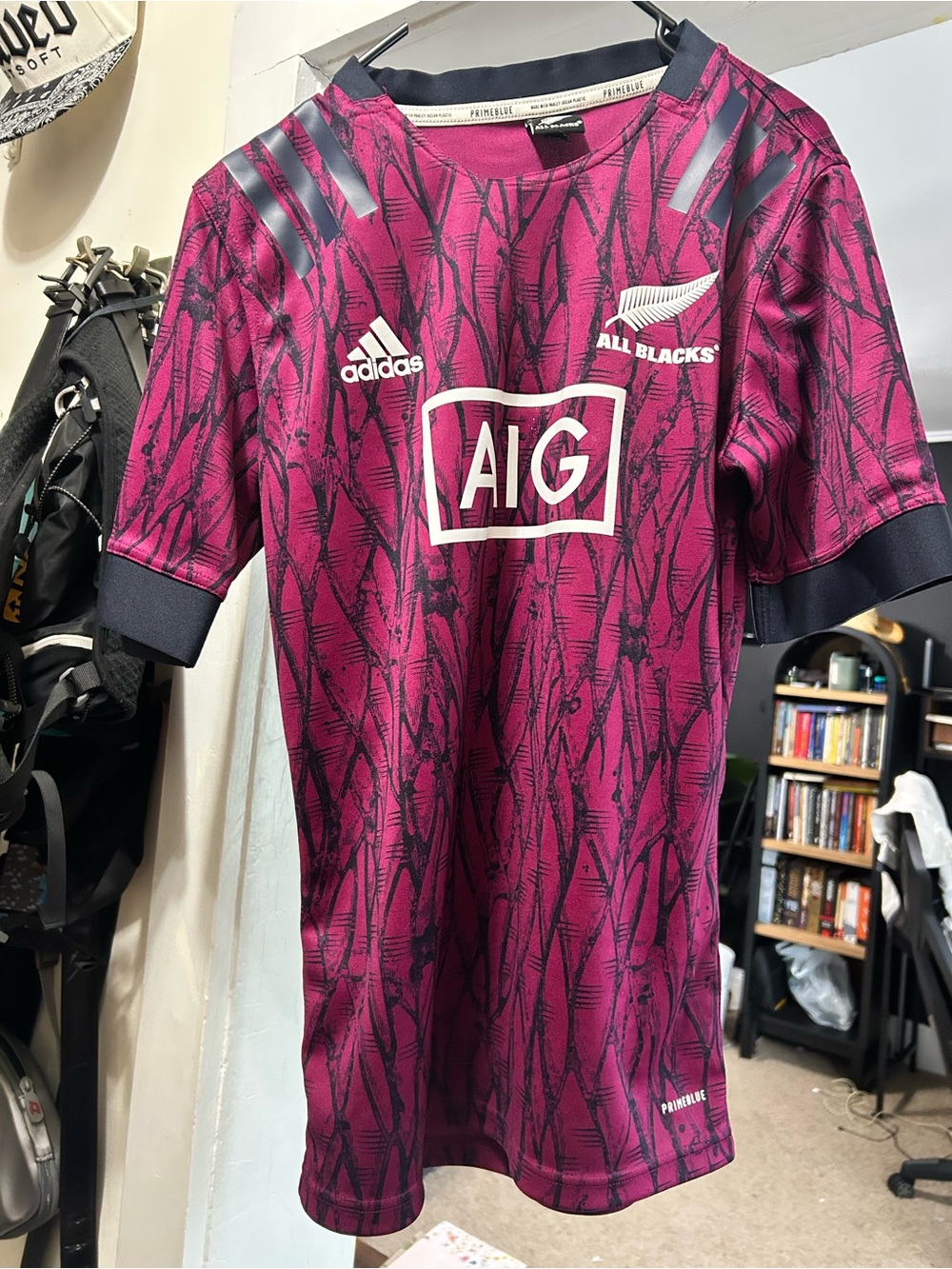 Adidas Mens All Blacks Magenta Rugby Jersey with Black Accents